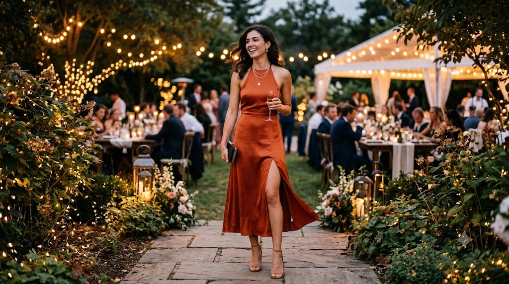 Rust Orange Satin Halter Dress with High Side Slit